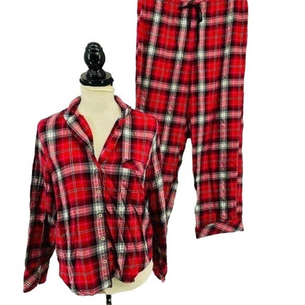 Victoria's Secret Red White Flannel Plaid Pajama Set Red Womens Size Medium